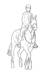 Outline drawing of young female riding a horse, equestrian sports theme hand drawn illustration