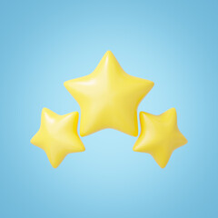 3D 3 lucky star icon. Three cute smooth yellow stars glossy isolated on blue background. New Achievements. Top ratings from feedback customer. Ui cartoon for game minimal style. 3d render illustration