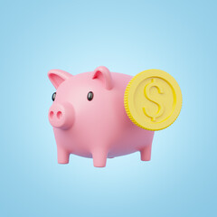 3d Money box with coin icon. Pink piggy bank floating on blue background. Save dollar in mobile banking. Online payment service. Saving money wealth. Business cartoon style concept. 3d icon render.