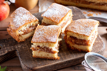 Apple pie slices (traditional Hungarian version) on rustic wooden background