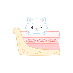 Cute cat and a strawberry dessert. Flat cartoon illustration of a little white kitten sitting on a slice of cake with cream. Vector 10 EPS.
