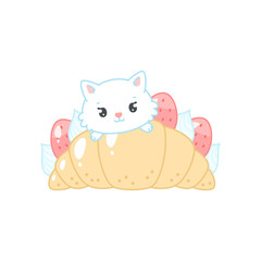 Cute cat and a strawberry dessert. Flat cartoon illustration of a little white kitten sitting on a croissant filled with cream and berries. Vector 10 EPS.