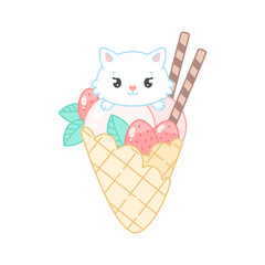 Cute cat and a strawberry dessert. Flat cartoon illustration of a little white kitten sitting on an waffle cone with ice cream decorated. Vector 10 EPS.
