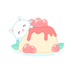Cute cat and a strawberry dessert. Flat cartoon illustration of a little white kitten sitting on a panna cotta with jam. Vector 10 EPS.