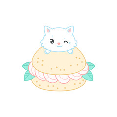 Cute cat and a strawberry dessert. Flat cartoon illustration of a little white kitten sitting on a profiterole. Vector 10 EPS.