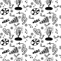 A seamless pattern of music symbols, hand-drawn doodle-style elements. Microphone, CDs, sheet music, modern headphones and sound recording icons. Vector illustration.
