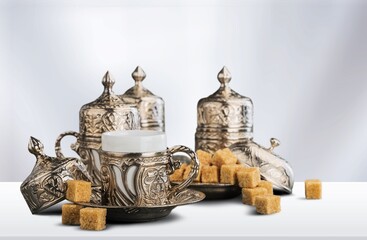 Dallah Arabic Coffee traditional set in Ramadan. Saudi Coffee Dallah concept