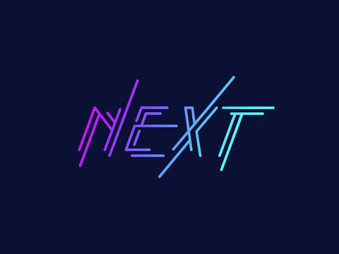 NEXT word mark logo text. Geometric, neon colors, modern uppercase lettering.Typography concept. Creative initials isolated on dark background.	
