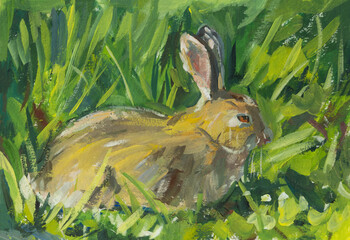 Rabbit green grass gouache painting. Colorful author's illustration of a rabbit sitting on the ground in close-up. Easter bunny in spring. 2023 year of the Rabbit, a postcard layout. congratulations