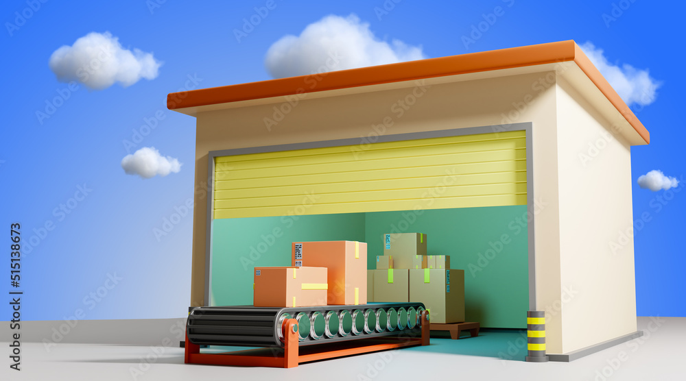 Poster storage technology. warehouse for storing boxes. conveyor in front of small warehouse. distribution 