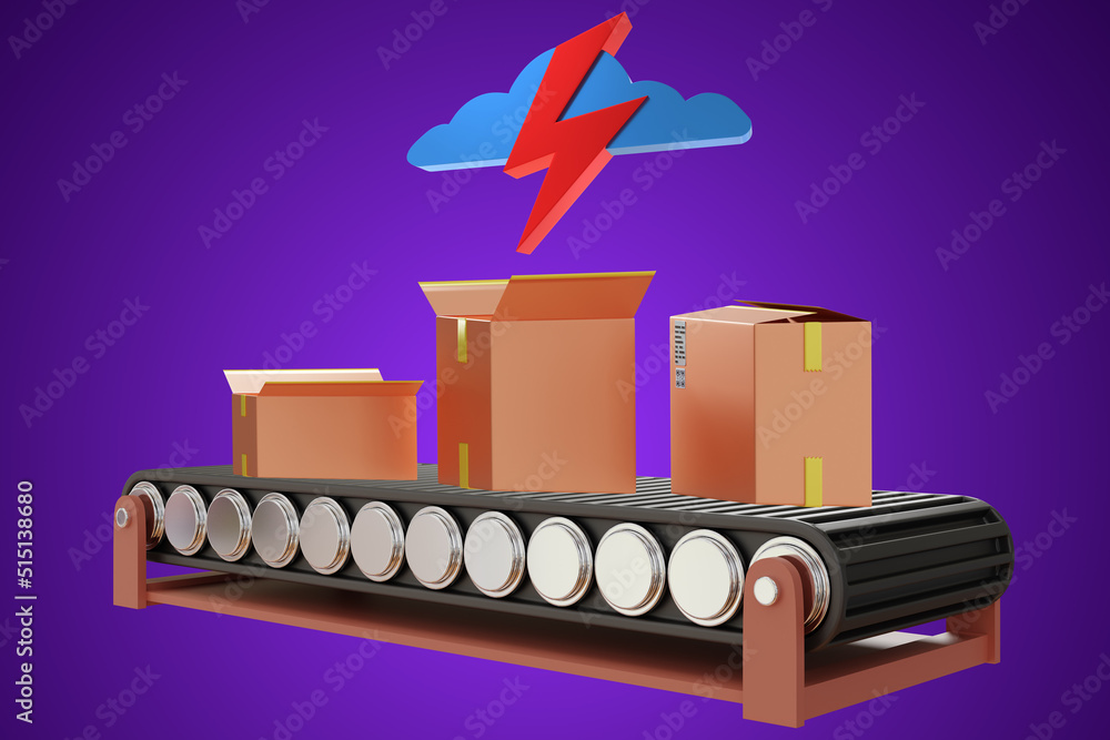Poster Lightning over boxes. Warehouse conveyor with boxes. Cloud with lightning metaphor for bad weather. Concept of delivery problem due to weather. Delivery delays. Courier boxes on purple. 3d rendering.