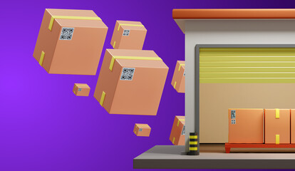 Courier Distribution Center. Boxes fly towards warehouse. Boxes with QR code symbol courier delivery. Delivery service distribution center. Parcels on purple. Postal Distribution Warehouse. 3d image