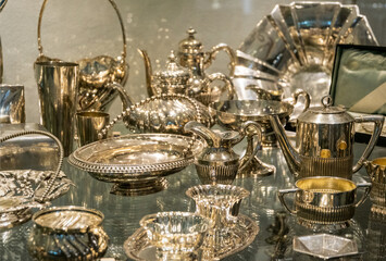 Fototapeta na wymiar Silver and bronze vintage tableware