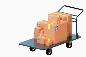 Warehouse trolley with boxes. Trolley metaphor for delivery of goods. Courier parcels with QR code. Parcel delivery. Cargo trolley with parcels isolated on white. Postal business equipment. 3d image.