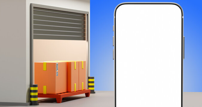 Big phone. Fulfillment warehouse. Smartphone with white screen. Proposal of warehouse services. Space for Fulfillment application in phone. Boxes for orders. Cell phone mock up. 3d rendering.