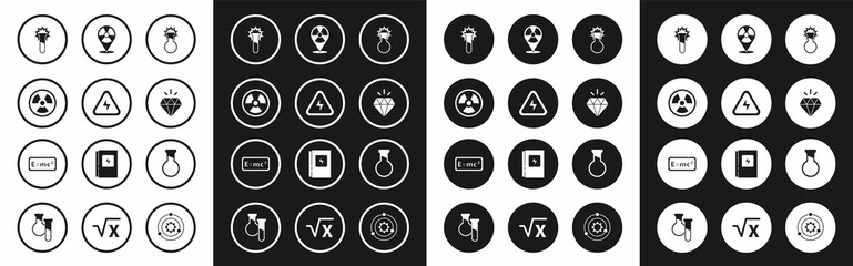 Set Test tube and flask, High voltage, Radioactive, Diamond, in location, and Equation solution icon. Vector