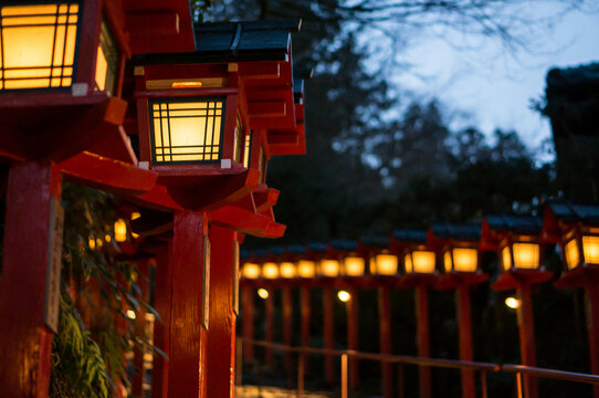 Fantastic lanterns at Kifune Shrine in Kyoto, Japan at night