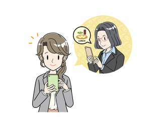 スマホでランチの誘いを受けるスーツのビジネスウーマン