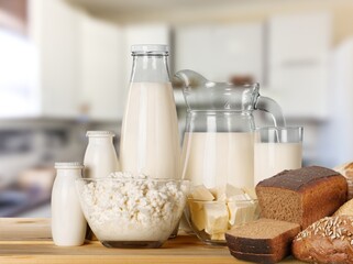 Jewish holiday Shavuot concept with dairy products on the desk