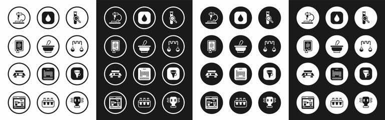 Set Test tube and flask, Mortar pestle, Certificate template, Microscope, Water drop, Funnel filter and Electronic scales icon. Vector