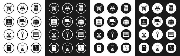 Set Crossword, Computer monitor screen, Insects in a frame, Viking horned helmet, Sweater, UFO flying spaceship, Pendulum and Robot icon. Vector
