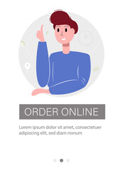 Flyer design for delivery service. Happy man shopping in an online store. Vector illustration.