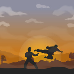 Martial arts, Silhouette of two male fighting.