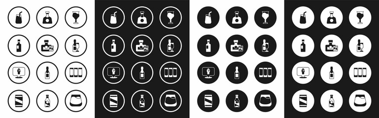 Set Wine glass, Whiskey bottle and, Cocktail, Champagne, Tequila, Shot and Alcohol or beer bar location icon. Vector