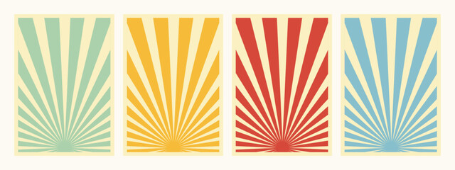 Set of 4, Retro Inspired Vertical Posters, Different Sunburst Promo Propaganda Background Templates. Green, Yellow, Red And Blue Paper Collage Backdrops.