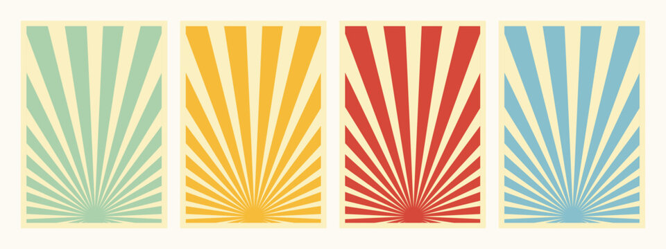 Set of 4, Retro Inspired Vertical Posters, Different Sunburst Promo Propaganda Background Templates. Green, Yellow, Red And Blue Paper Collage Backdrops.