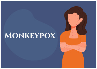 Banner with a girl in the style without a face. Pimples all over the body. Monkeypox. Vector stock illustration. blue background