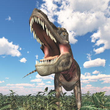 Dinosaurier Tarbosaurus in einer Landschaft