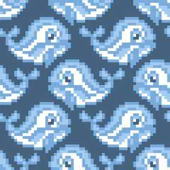 Seamless pattern Pixel whale. Cartoon Vector background.