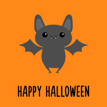 Happy Halloween. Bat flying. Cute cartoon kawaii funny baby animal charater. Greeting card. Flat design. Orange background. Isolated.