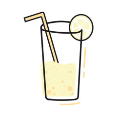 Cocktail glass with lemon, ice and straw. Tropical cocktail beverage isolated in white background. Engraved vector illustration.