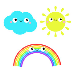 Sun, cloud, rainbow icon set. Cute cartoon kawaii funny baby character. Baby collection. Smiling face emotion. Flat design. Pastel color. Isolated. White background.