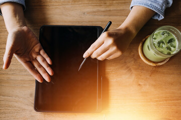 Business team present. professional investor working new start up project. Finance managers meeting.Digital tablet docking screen computer design smart phone using, in morning light