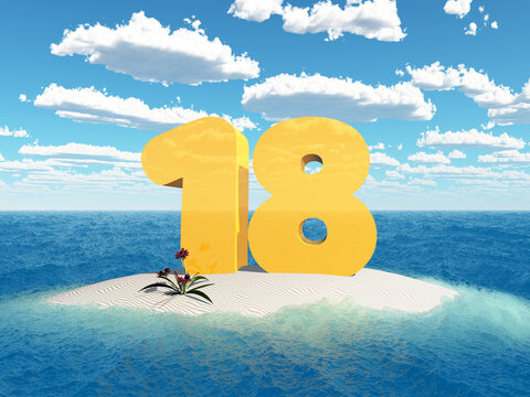 Die Zahl 18 auf einer Insel im Meer