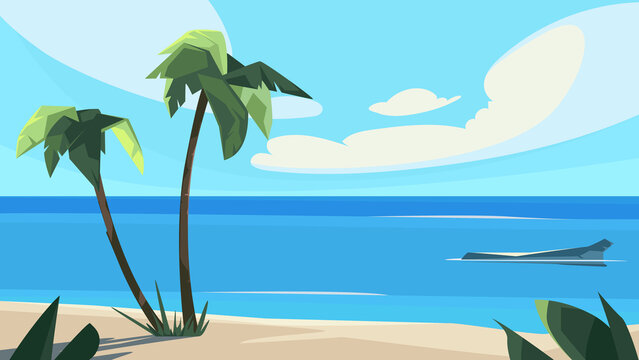 Palm trees with ocean and clouds. Beautiful summer landscape.