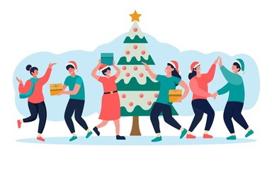 Celebrate Christmas with Christmas tree decorations. exchanging gifts, illustrations, postcards, invitations to join the festival of happiness with a party.