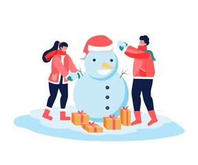 Couples make a snowman to symbolize Christmas, illustrations, postcards, invitations to a festive celebration. with a party.