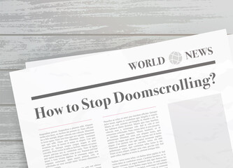 How to stop Doomscrolling. Newspaper headline concept. Doomsurfing - act of spending an excessive amount of screen time devoted to the absorption of negative news
