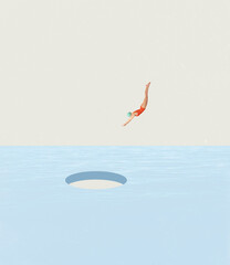 Contemporary art collage. Young girl in red swimming suit and cap diving into hole. Summertime...