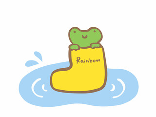 かわいい黄色の長靴と水たまりとかえる／手描きイラスト