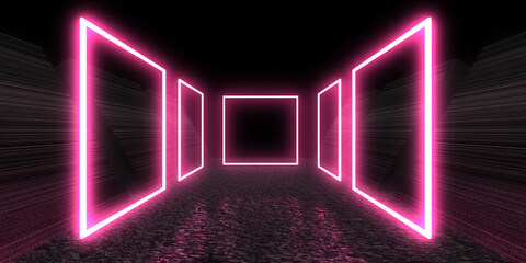 Fototapeta premium 3D abstract background with neon lights. neon tunnel .space construction . .3d illustration