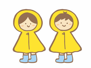 かわいい梅雨の日の子どもとレインコート／手描きイラスト