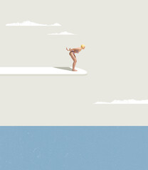 Contemporary art collage. Young girl in retro swimming suit and cap preparing to dive from starting block into sea.