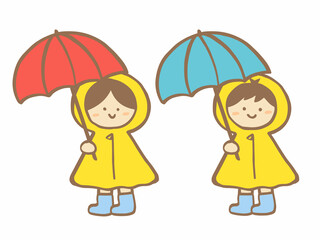 かわいい雨の日の子どもと傘とレインコート／手描きイラスト