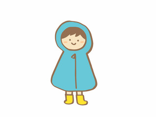 かわいいレインコートと男の子とかっぱ／手描きイラスト
