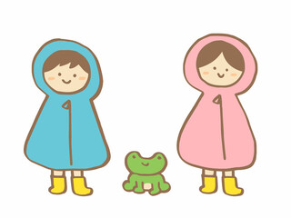 かわいいレインコートとかっぱとカエル／手描きイラスト